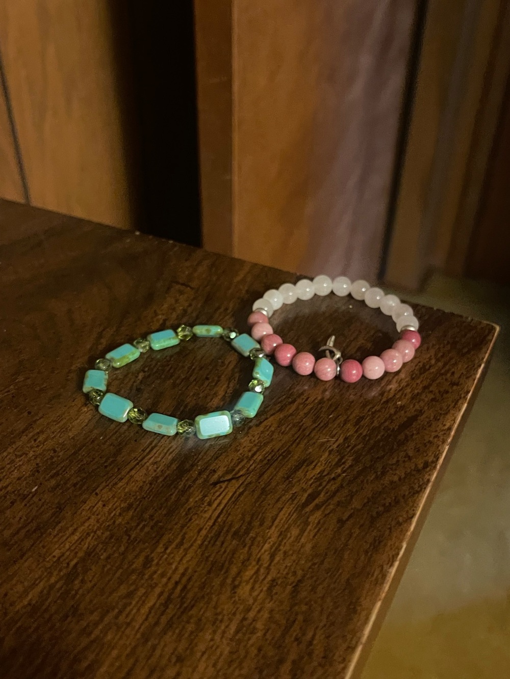 Set of Two Beaded Stretch Bracelets - Pink & Turquoise